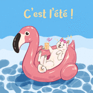 Chien heureux en été sur un flamant rose